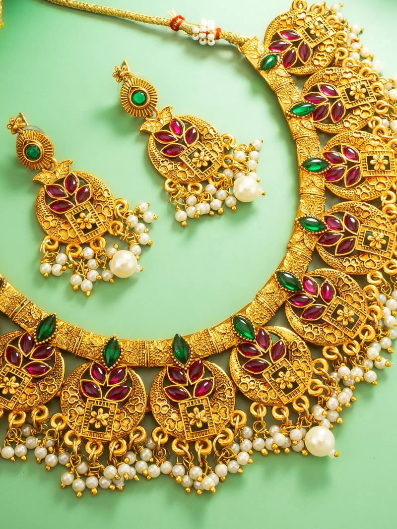 gold plated broad coin-style choker necklace set with earrings