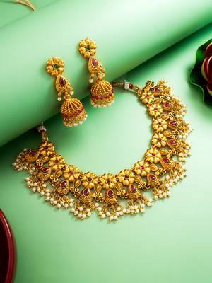 gold plated floral leaf choker necklace set with jhumka earrings 1