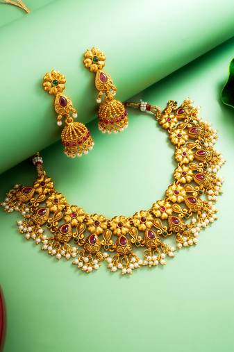 gold plated floral leaf choker necklace set with jhumka earrings