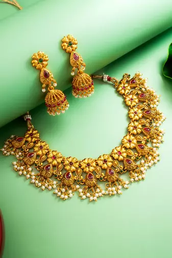 gold plated floral leaf choker necklace set with jhumka earrings