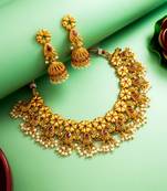 gold plated floral leaf choker necklace set with jhumka earrings
