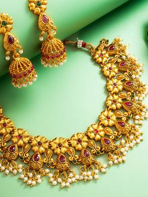 gold plated floral leaf choker necklace set with jhumka earrings 2