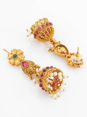 gold plated floral leaf choker necklace set with jhumka earrings 3