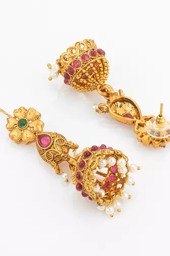 gold plated floral leaf choker necklace set with jhumka earrings