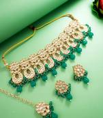 green kundan choker necklace set with earrings and maangtika