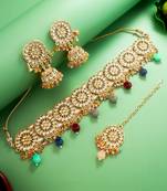 multicolour kundan choker necklace set with jhumka earrings and maangtika