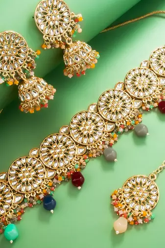 multicolour kundan choker necklace set with jhumka earrings and maangtika
