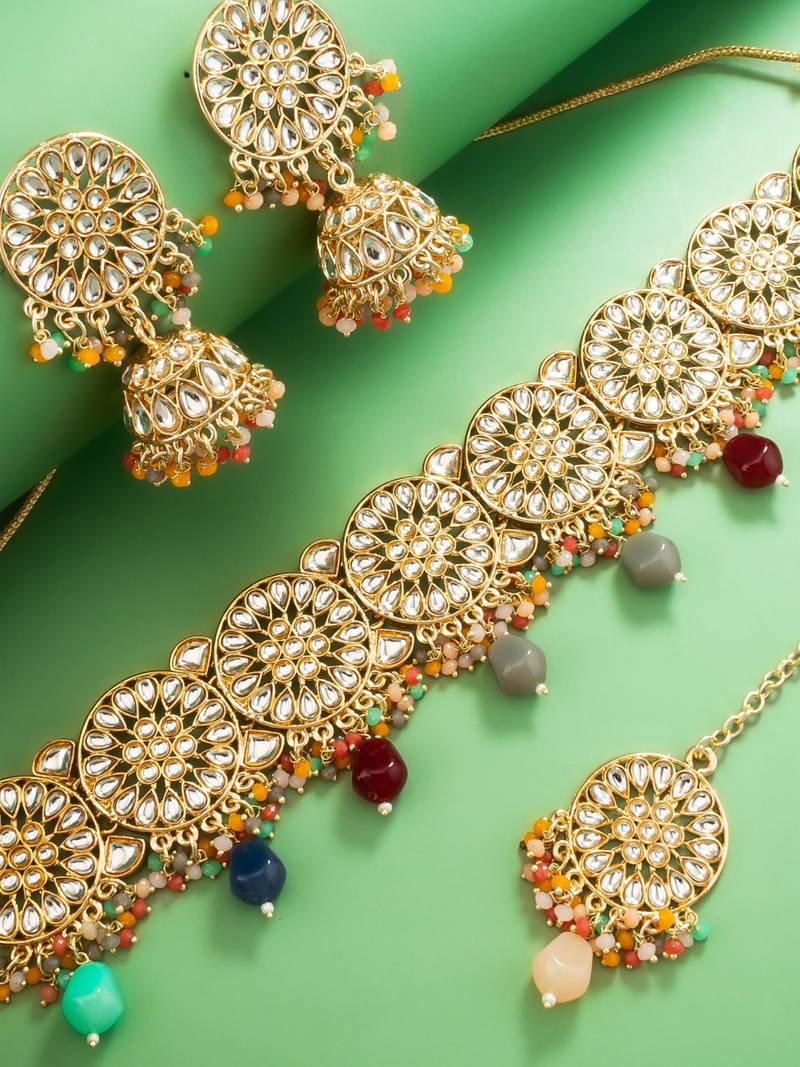 multicolour kundan choker necklace set with jhumka earrings and maangtika