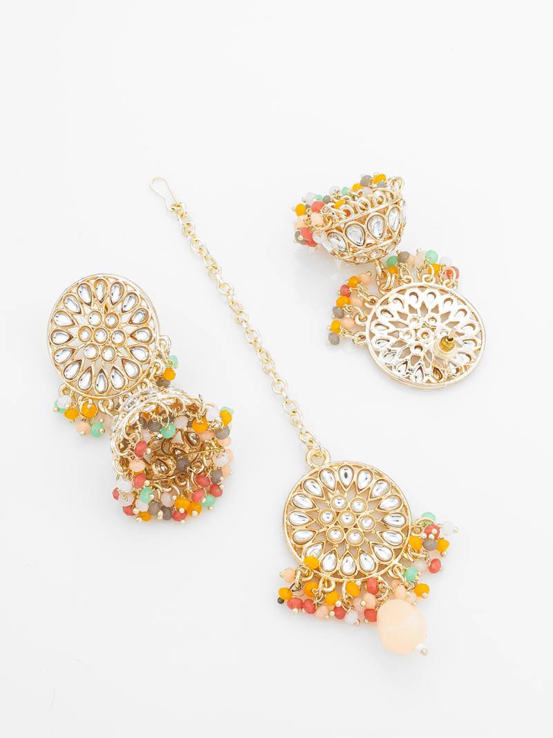multicolour kundan choker necklace set with jhumka earrings and maangtika