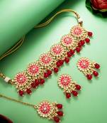 pink meenakari kundan choker necklace set with earrings and maangtika