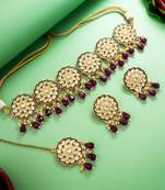 purple kundan choker necklace set with earrings and maangtika