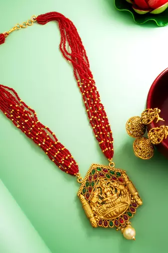 red bead multi-strand temple necklace set with jhumka earrings