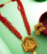 red bead multi-strand temple necklace set with jhumka earrings