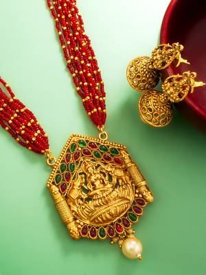 red bead multi-strand temple necklace set with jhumka earrings 2