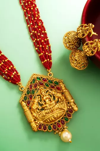 red bead multi-strand temple necklace set with jhumka earrings