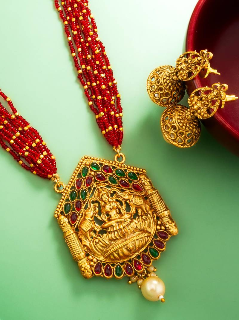 red bead multi-strand temple necklace set with jhumka earrings