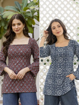 Pack of 2 handmade block printed rayon fabric  short kurti for women's 1