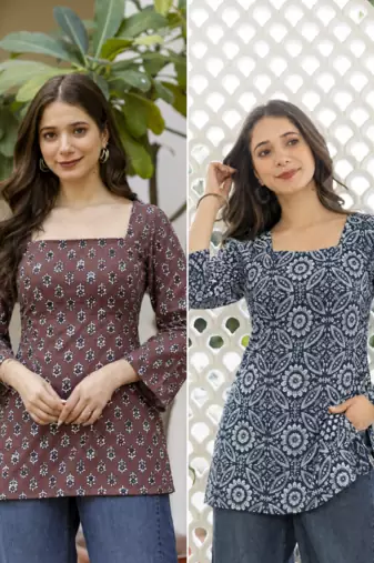 Pack of 2 handmade block printed rayon fabric  short kurti for women's