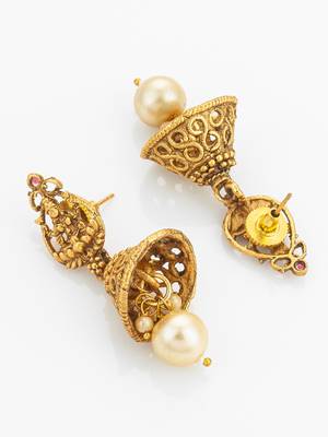 red bead multi-strand temple necklace set with jhumka earrings 3