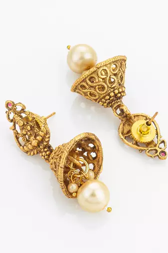 red bead multi-strand temple necklace set with jhumka earrings
