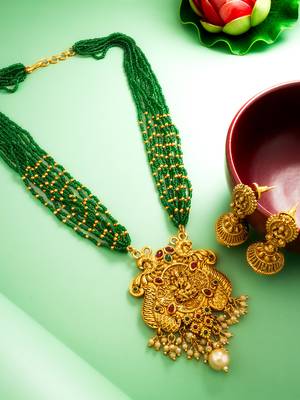 green bead multi-strand temple necklace set with jhumka earrings 1