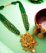 green bead multi-strand temple necklace set with jhumka earrings