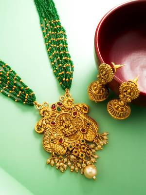 green bead multi-strand temple necklace set with jhumka earrings 2