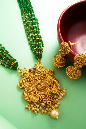 green bead multi-strand temple necklace set with jhumka earrings