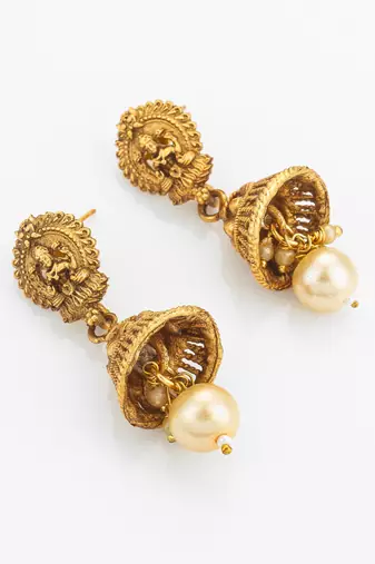 green bead multi-strand temple necklace set with jhumka earrings