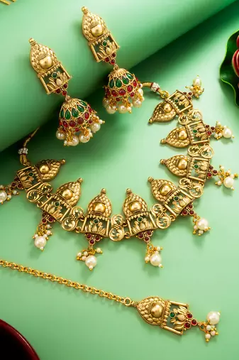 antique gold temple choker necklace set with jhumka earrings and maangtika