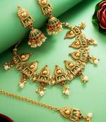 antique gold temple choker necklace set with jhumka earrings and maangtika