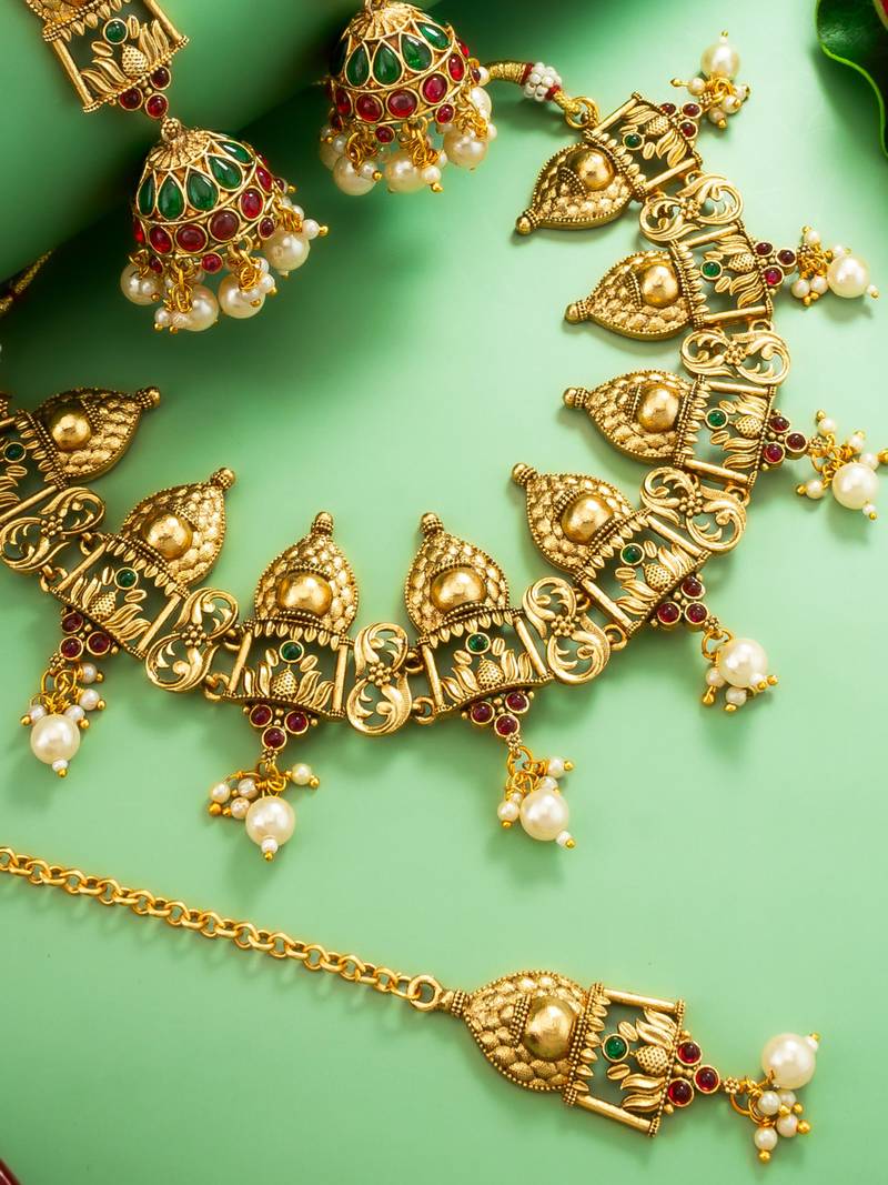 antique gold temple choker necklace set with jhumka earrings and maangtika