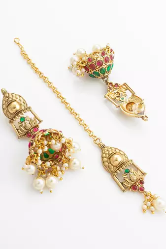 antique gold temple choker necklace set with jhumka earrings and maangtika
