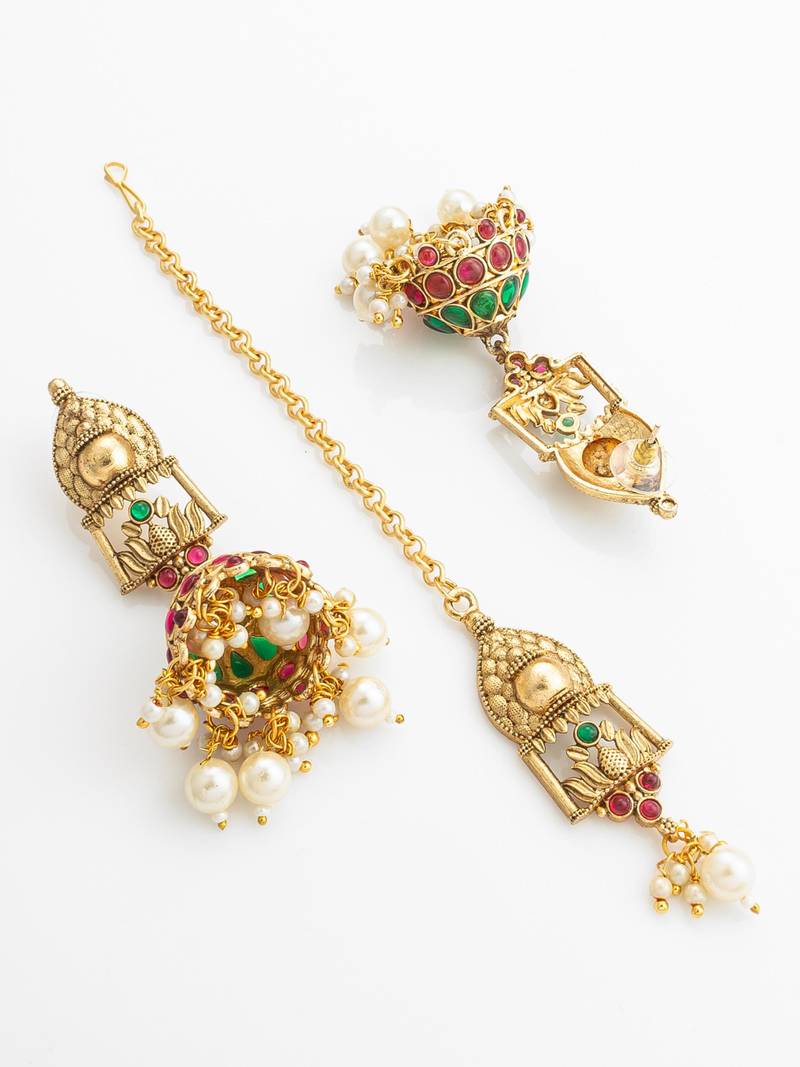 antique gold temple choker necklace set with jhumka earrings and maangtika