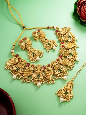 antique gold lakshmi temple necklace set with earrings and maangtika 1
