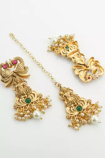 antique gold lakshmi temple necklace set with earrings and maangtika