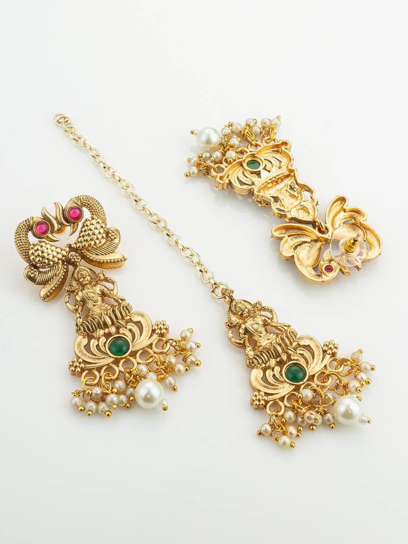 antique gold lakshmi temple necklace set with earrings and maangtika