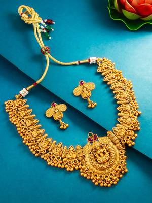 gold plated temple motif necklace set with earrings 1