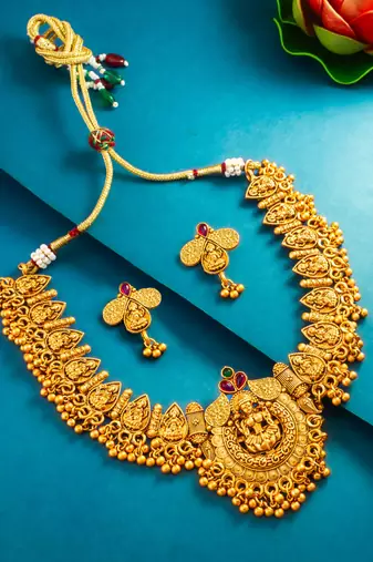 gold plated temple motif necklace set with earrings