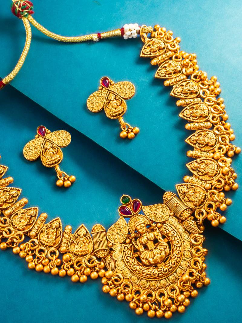 gold plated temple motif necklace set with earrings