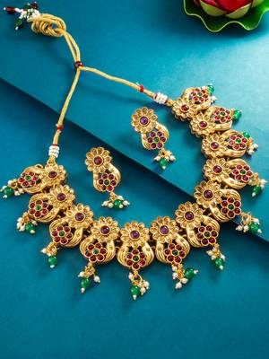 floral peacock motif necklace set with earrings 1