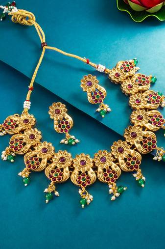 floral peacock motif necklace set with earrings