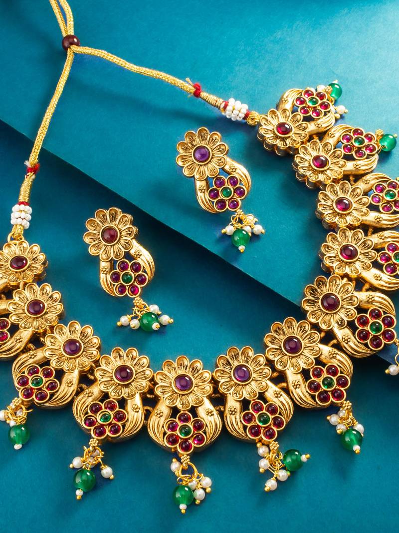 floral peacock motif necklace set with earrings