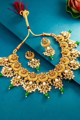 temple crescent motif pearl necklace set with earrings