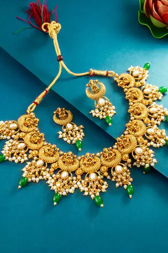 temple crescent motif pearl necklace set with earrings