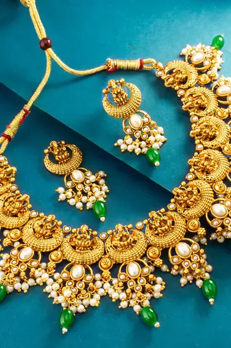 temple crescent motif pearl necklace set with earrings