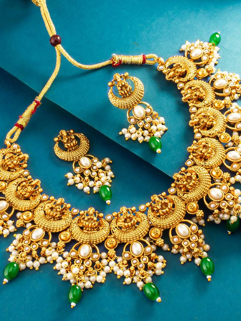 temple crescent motif pearl necklace set with earrings
