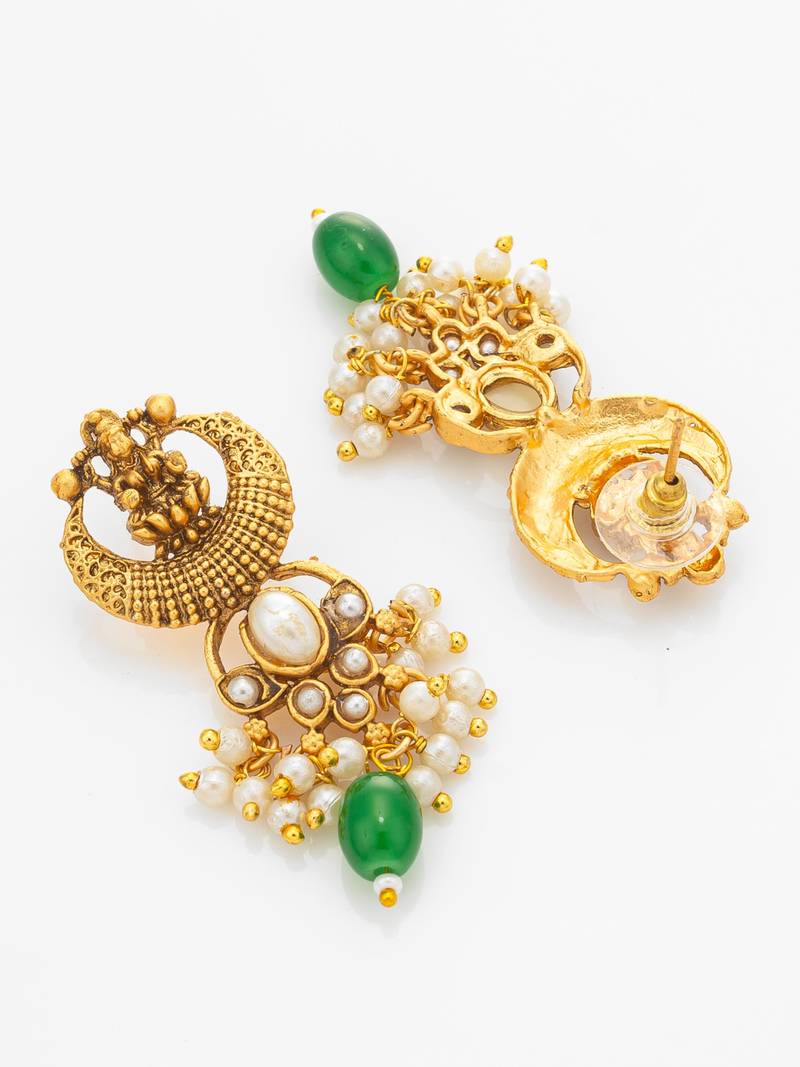 temple crescent motif pearl necklace set with earrings