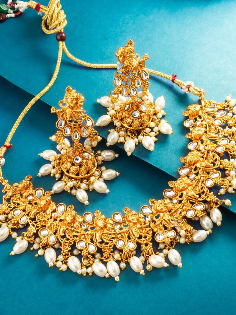 kundan krishna motif choker necklace set with earrings