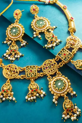 green medallion peacock motif necklace set with earrings